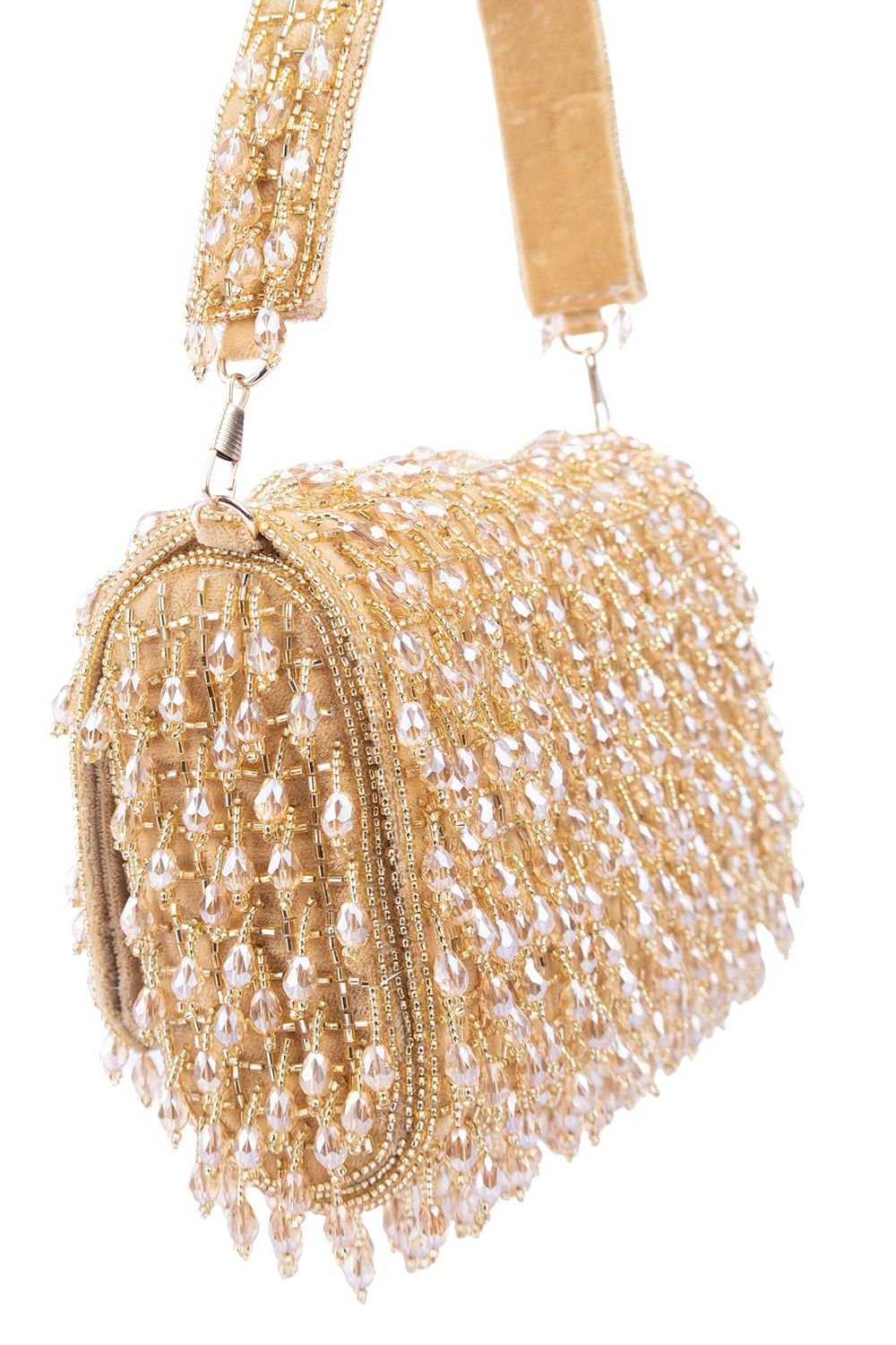 Gold handcrafted clutch with cutdana and crystal embellishments, velvet lining and handle for wedding and party wear
