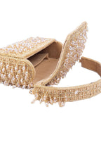 Gold handcrafted clutch with cutdana and crystal embellishments, velvet lining and handle for wedding and party wear
