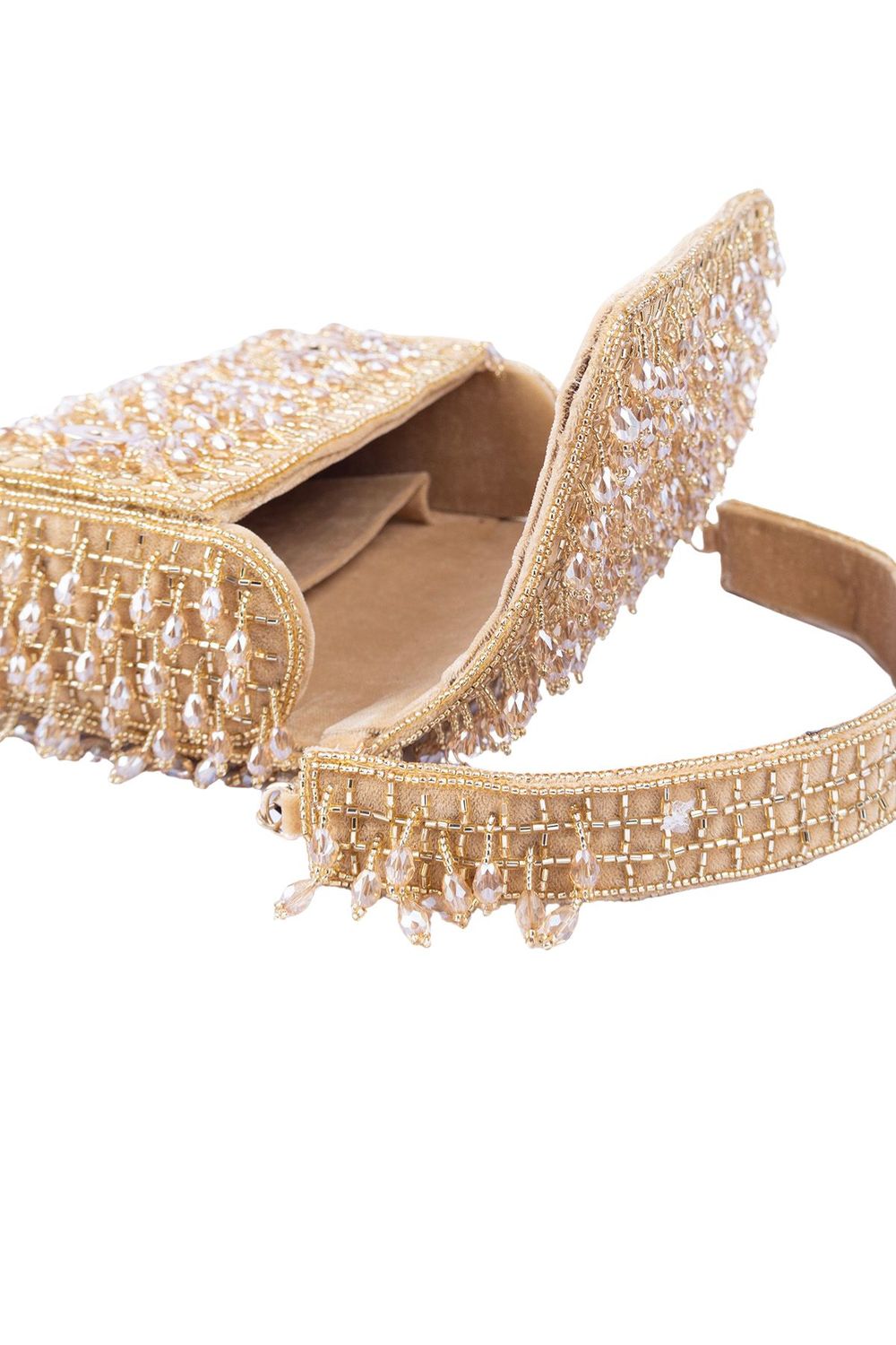 Gold handcrafted clutch with cutdana and crystal embellishments, velvet lining and handle for wedding and party wear
