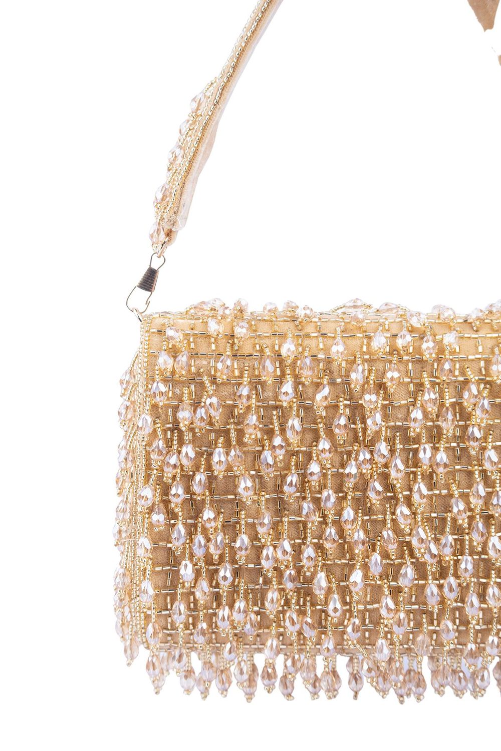 Gold handcrafted clutch with cutdana and crystal embellishments, velvet lining and handle for wedding and party wear