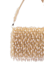 Gold handcrafted clutch with cutdana and crystal embellishments, velvet lining and handle for wedding and party wear