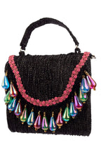 Black structured handbag with colorful drop embellishments shimmery polyester textured party and evening wear bag with top handle