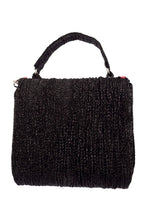Black structured handbag with colorful drop embellishments shimmery polyester textured party and evening wear bag with top handle