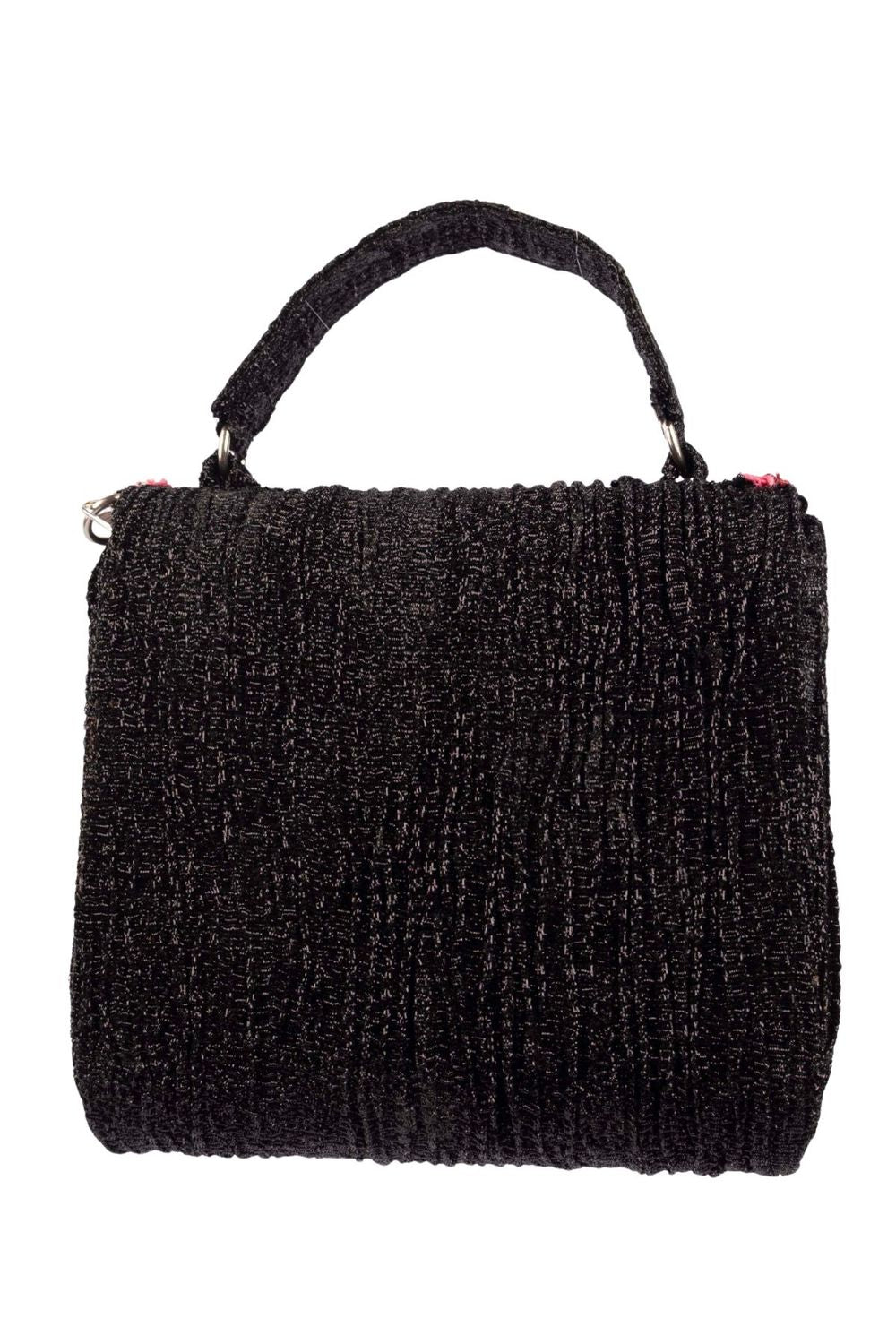 Black structured handbag with colorful drop embellishments shimmery polyester textured party and evening wear bag with top handle