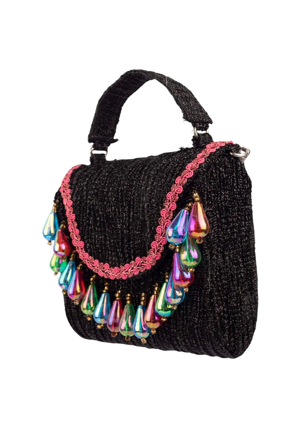 Black structured handbag with colorful drop embellishments shimmery polyester textured party and evening wear bag with top handle