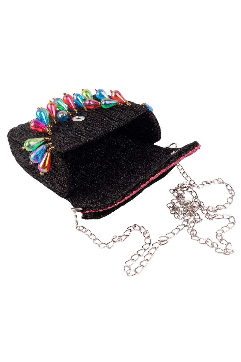 Black structured handbag with colorful drop embellishments shimmery polyester textured party and evening wear bag with top handle