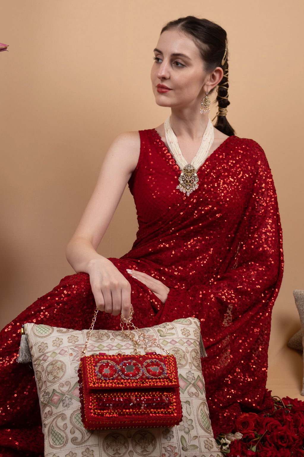 Red Hand Embellished Clutch Bag with Cutdana Sequins & Crystal Work