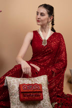 Red Hand Embellished Clutch Bag with Cutdana Sequins & Crystal Work