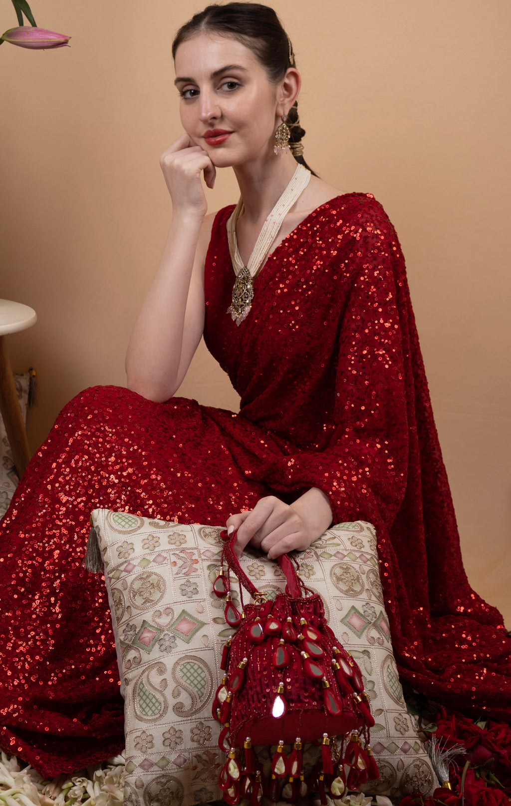 Wine Red  Mirror & Cut Dana Suede Potli Bag
