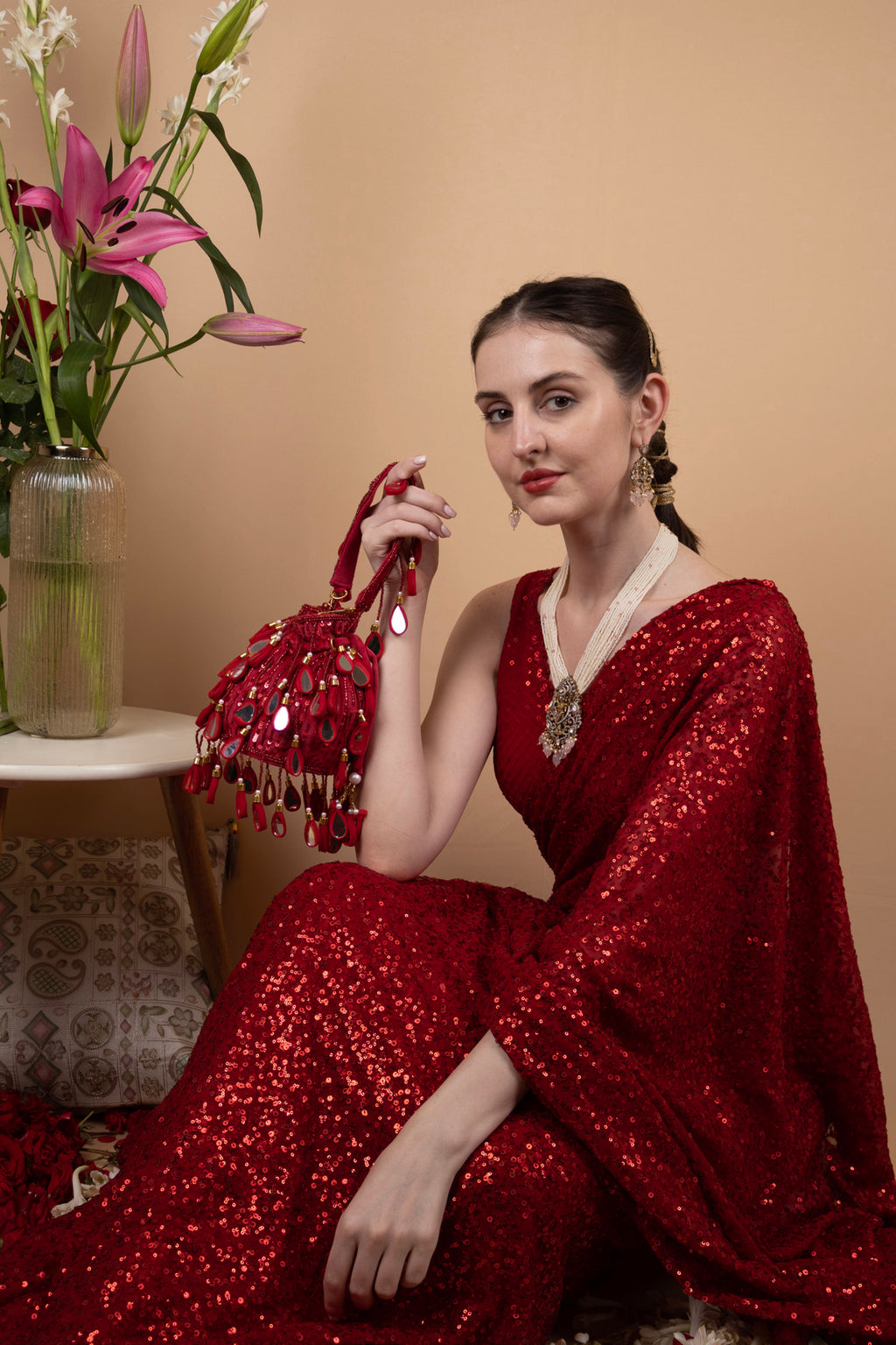 Wine Red  Mirror & Cut Dana Suede Potli Bag