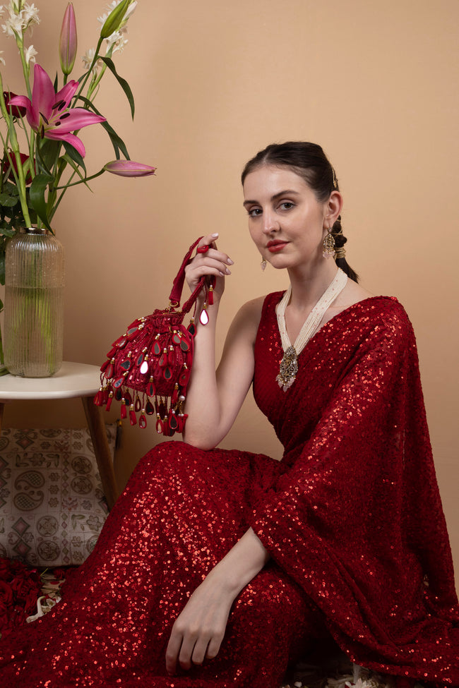 Wine Red  Mirror & Cut Dana Suede Potli Bag Hover Image