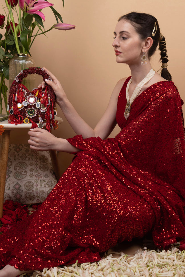 Eeth Red Mirror Clutch Bagwith Beads and Pearl Work Main Image