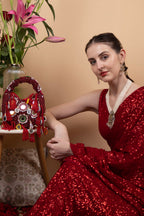 Eeth Red Mirror Clutch Bagwith Beads and Pearl Work