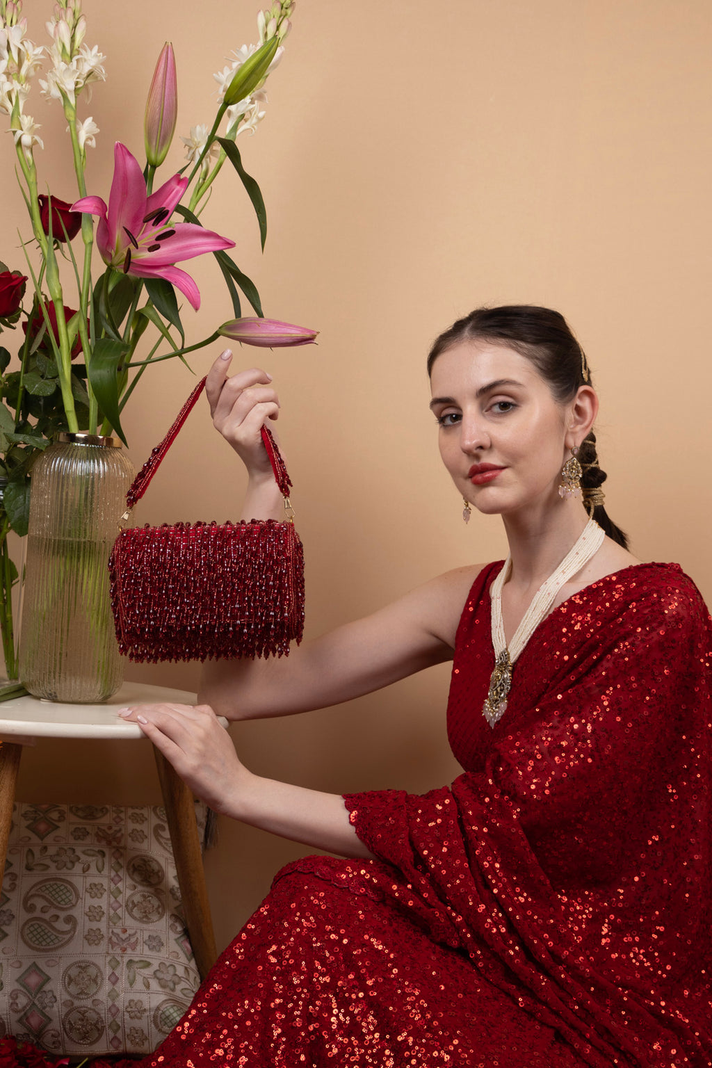 Eeth Red Cutdana Crystal Embellished Clutch