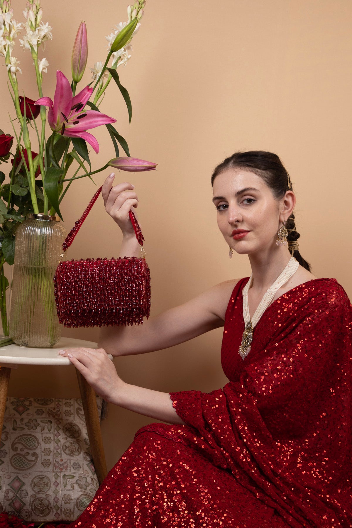 Eeth Red Cutdana Crystal Embellished Clutch