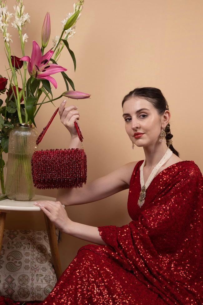 Eeth Red Cutdana Crystal Embellished Clutch Hover Image