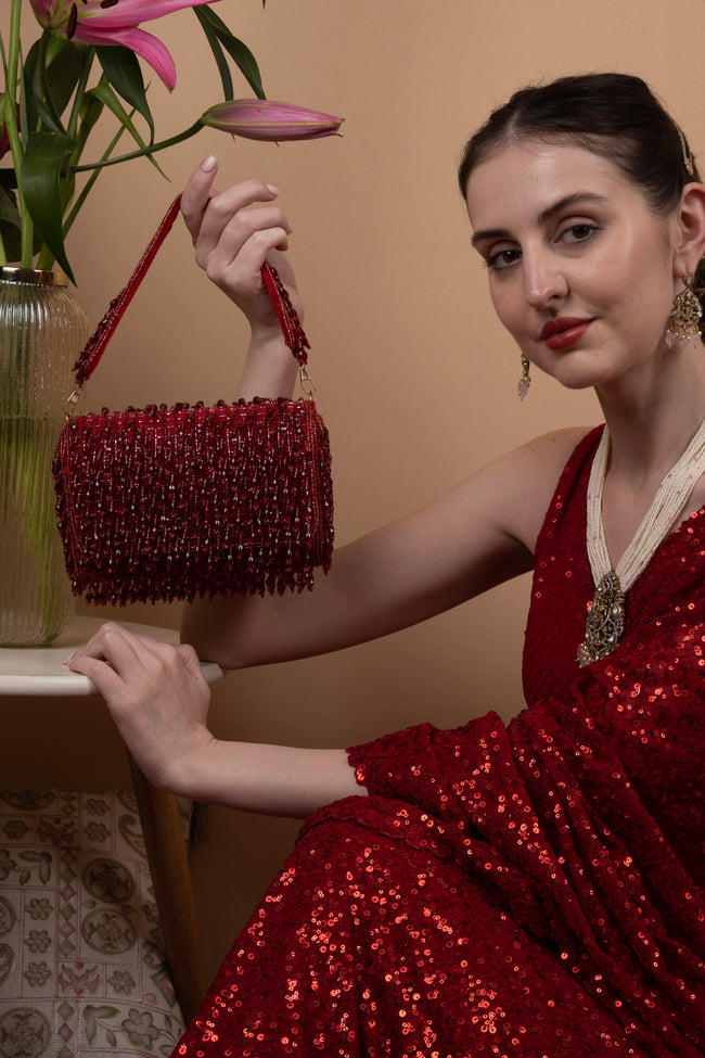 Eeth Red Cutdana Crystal Embellished Clutch Main Image