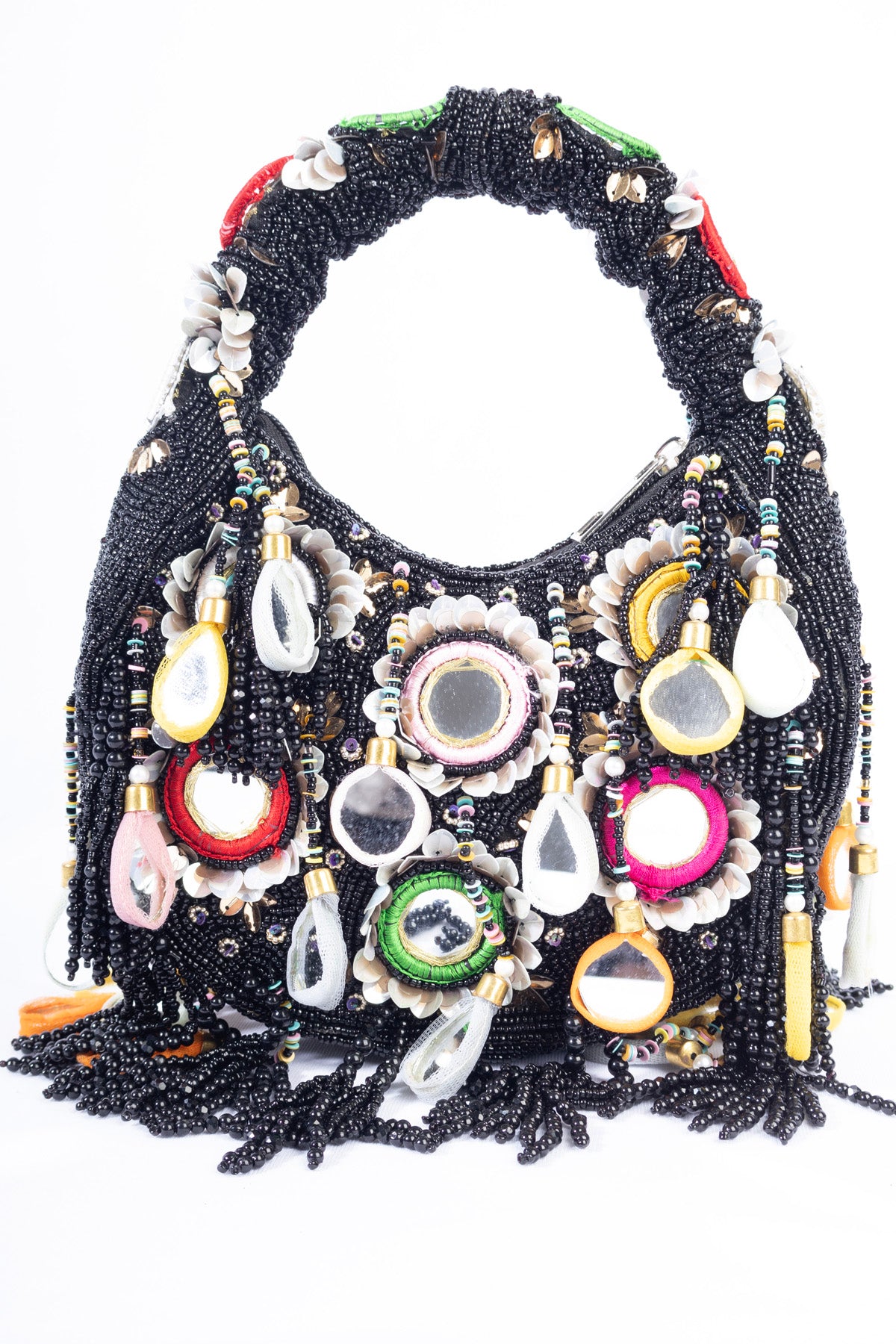 Eeth Black Mirror Clutch Bag with Beads and Pearl Work