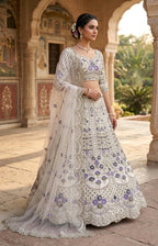 Mono satin silk flared lehenga with sequins cut work can-can layers unstitched blouse and butterfly net dupatta for wedding festive wear