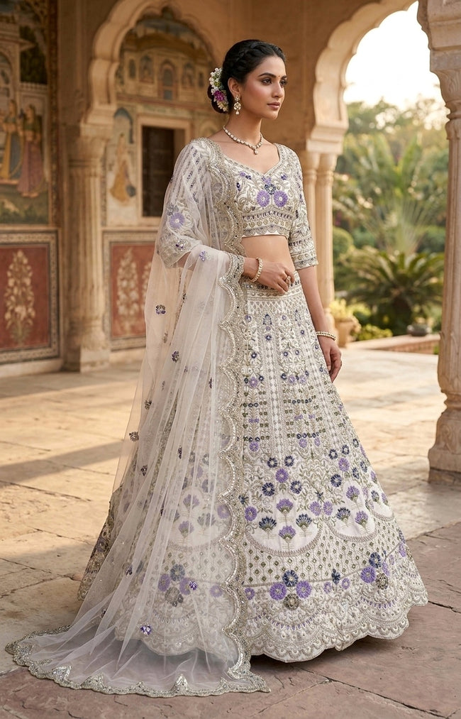 Flared Sequins Cut Work Lehenga with Butterfly Net Dupatta Main Image