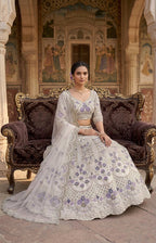 Mono satin silk flared lehenga with sequins cut work can-can layers unstitched blouse and butterfly net dupatta for wedding festive wear
