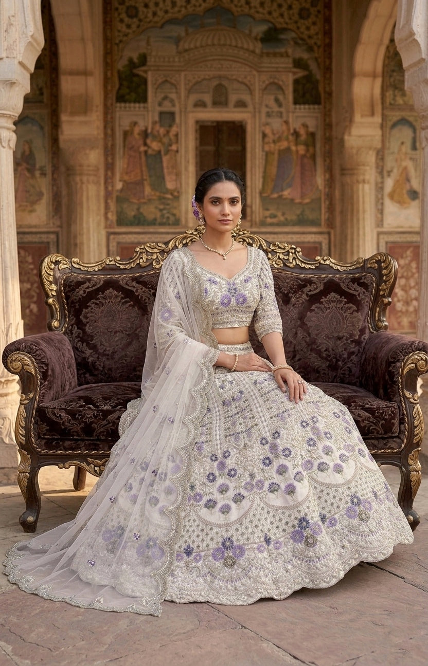 Mono satin silk flared lehenga with sequins cut work can-can layers unstitched blouse and butterfly net dupatta for wedding festive wear