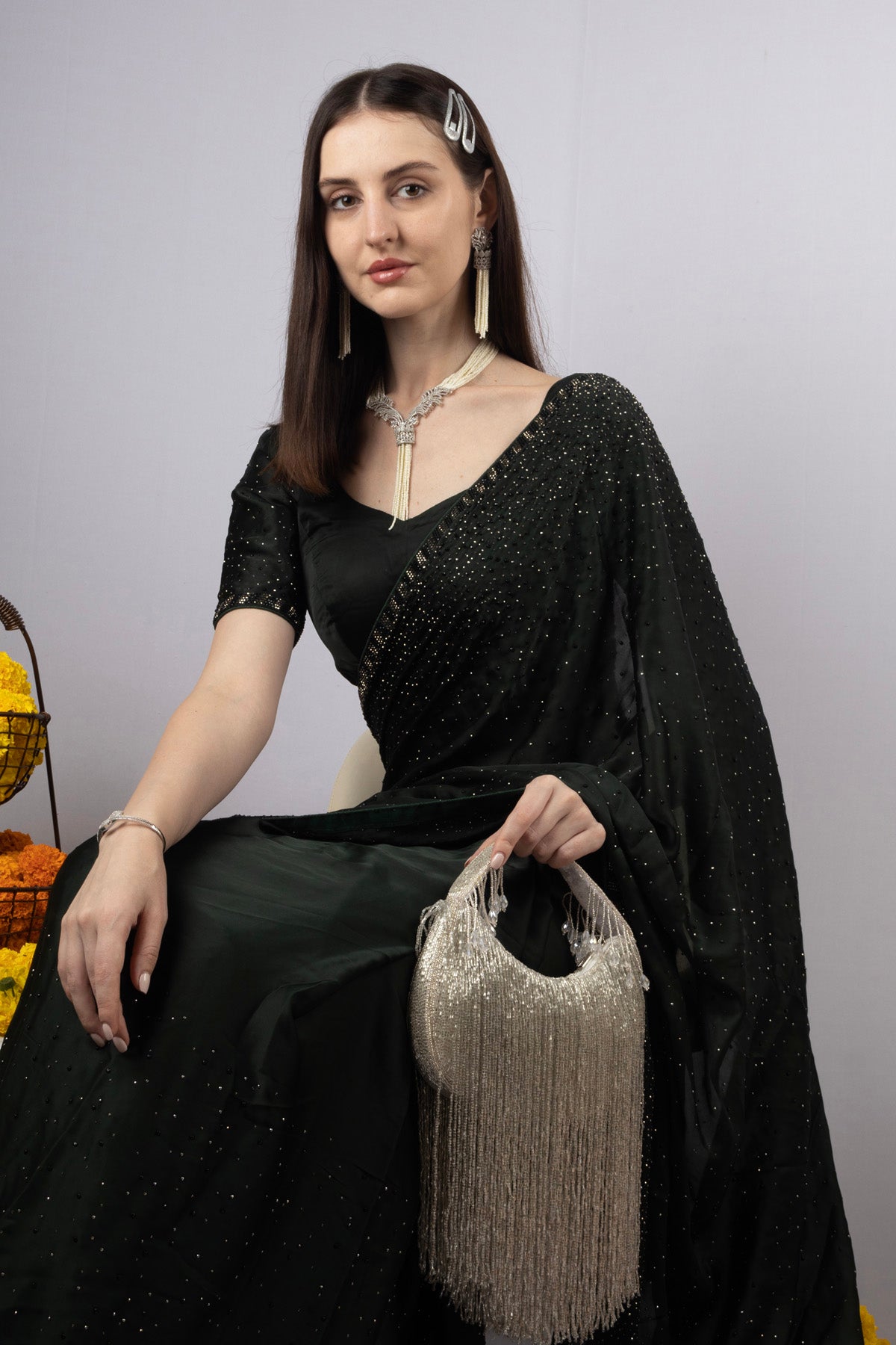 Eeth Handcrafted silver Cut Dana Long Tassel Clutch Bag