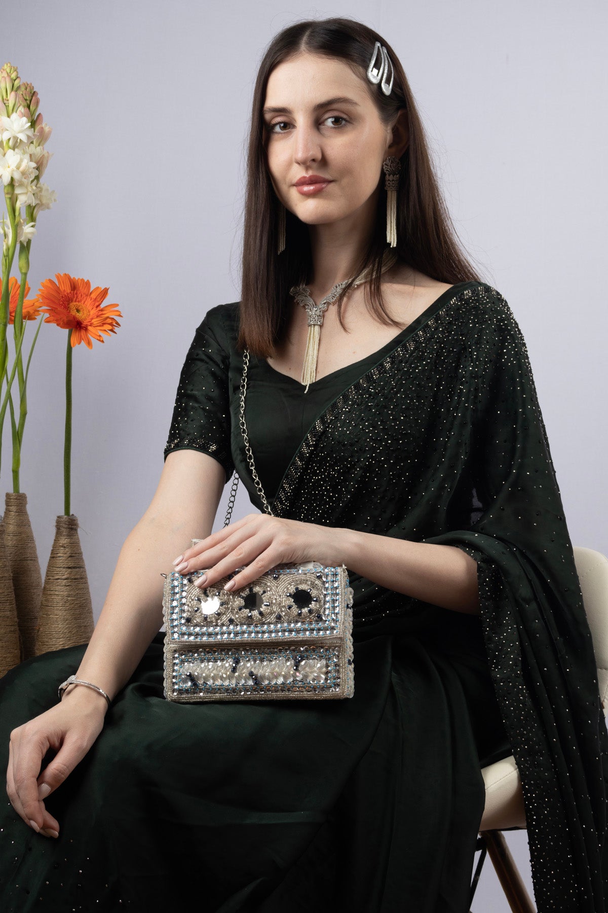 Silver Hand Embellished Clutch Bag with Cutdana Sequins & Crystal Work