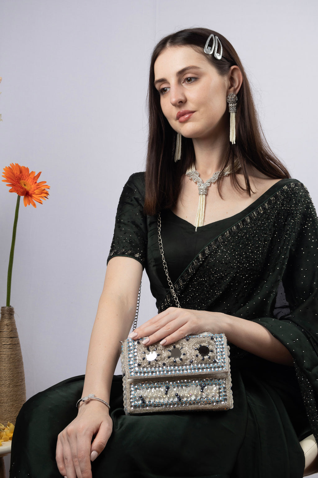 Silver Hand Embellished Clutch Bag with Cutdana Sequins & Crystal Work