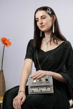 Silver Hand Embellished Clutch Bag with Cutdana Sequins & Crystal Work
