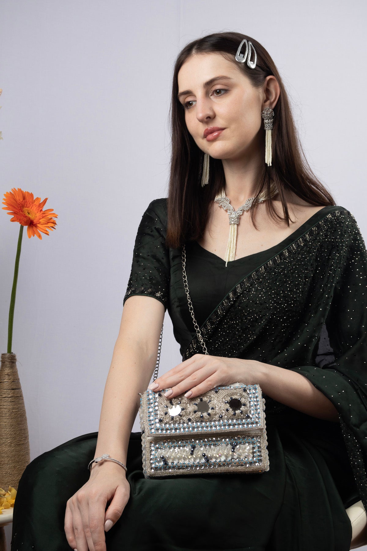 Silver Hand Embellished Clutch Bag with Cutdana Sequins & Crystal Work