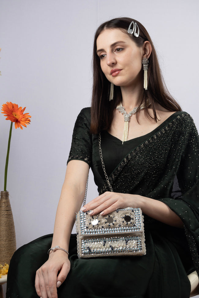 Silver Hand Embellished Clutch Bag with Cutdana Sequins & Crystal Work Main Image