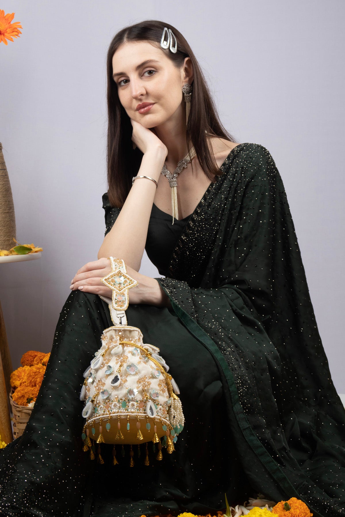 Ivory Velvet Potli Bag with MirrorSequin & Crystal Work