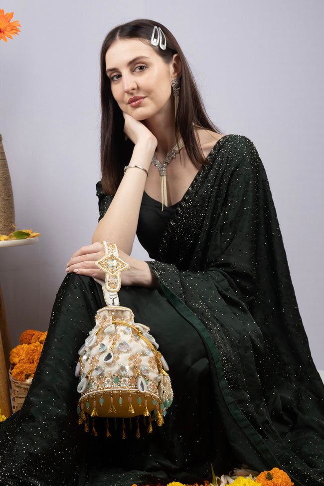 Ivory Velvet Potli Bag with MirrorSequin & Crystal Work Main Image
