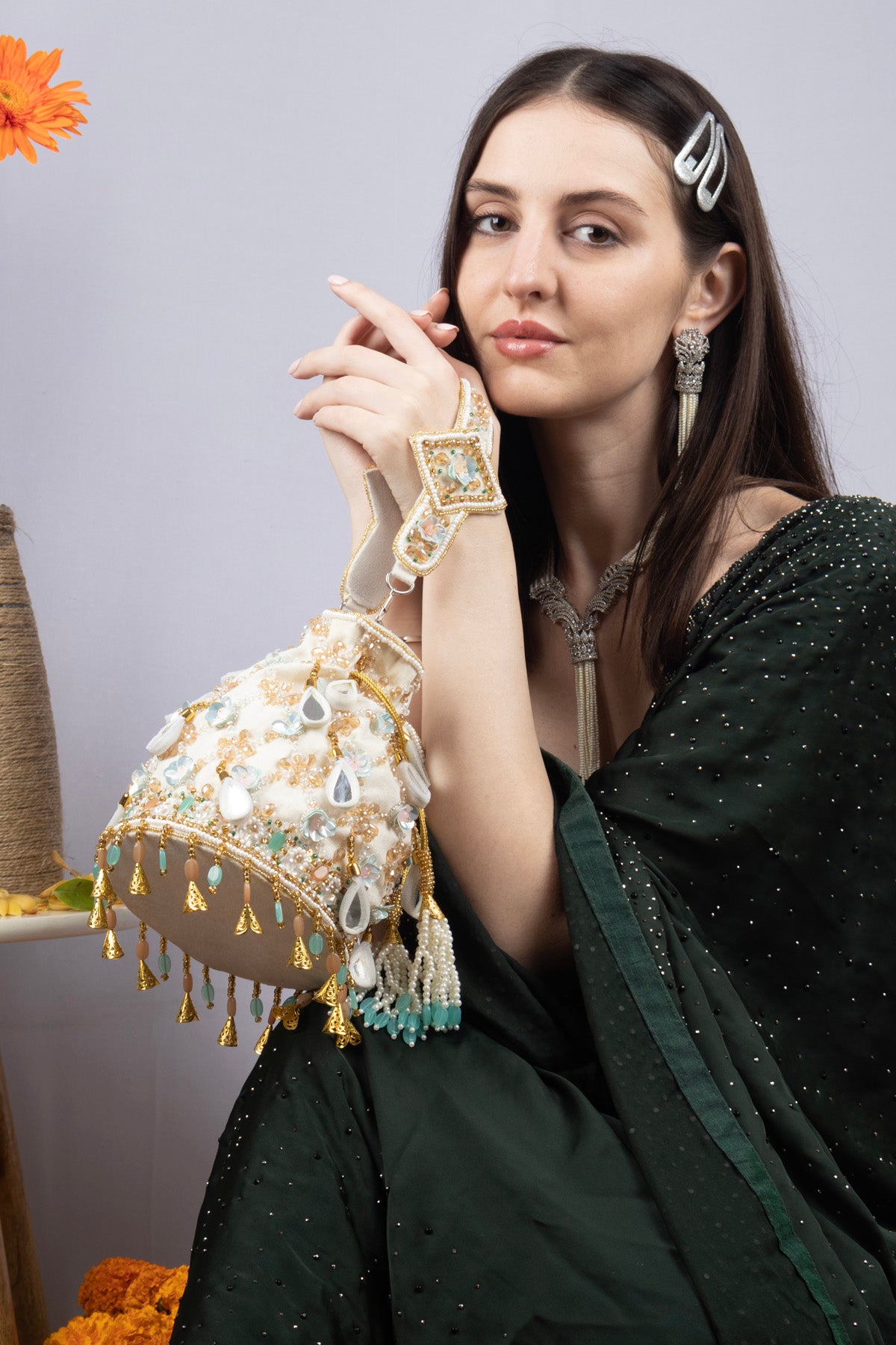 Ivory Velvet Potli Bag with MirrorSequin & Crystal Work