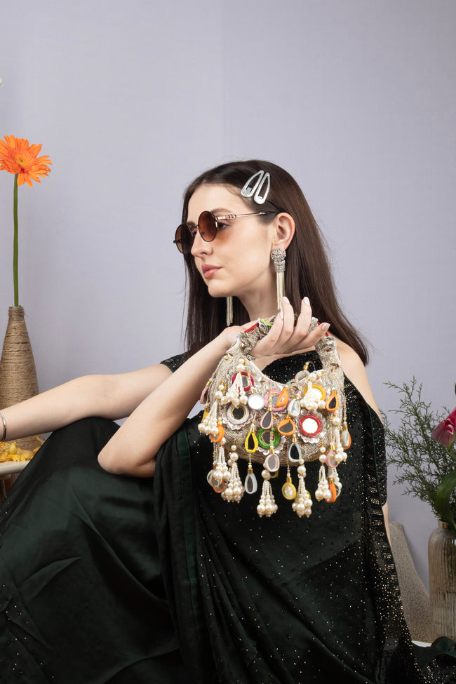 Eeth Silver Mirror Clutch Bagwith Beads and Pearl Work Main Image