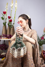 Emerald Green Velvet Pearl & Cut Dana Work Potli Bag