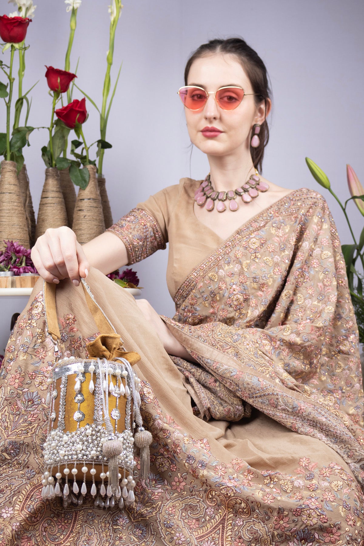 Mustard Raw Silk Cutdana & Pearl Embellished Potli Bag