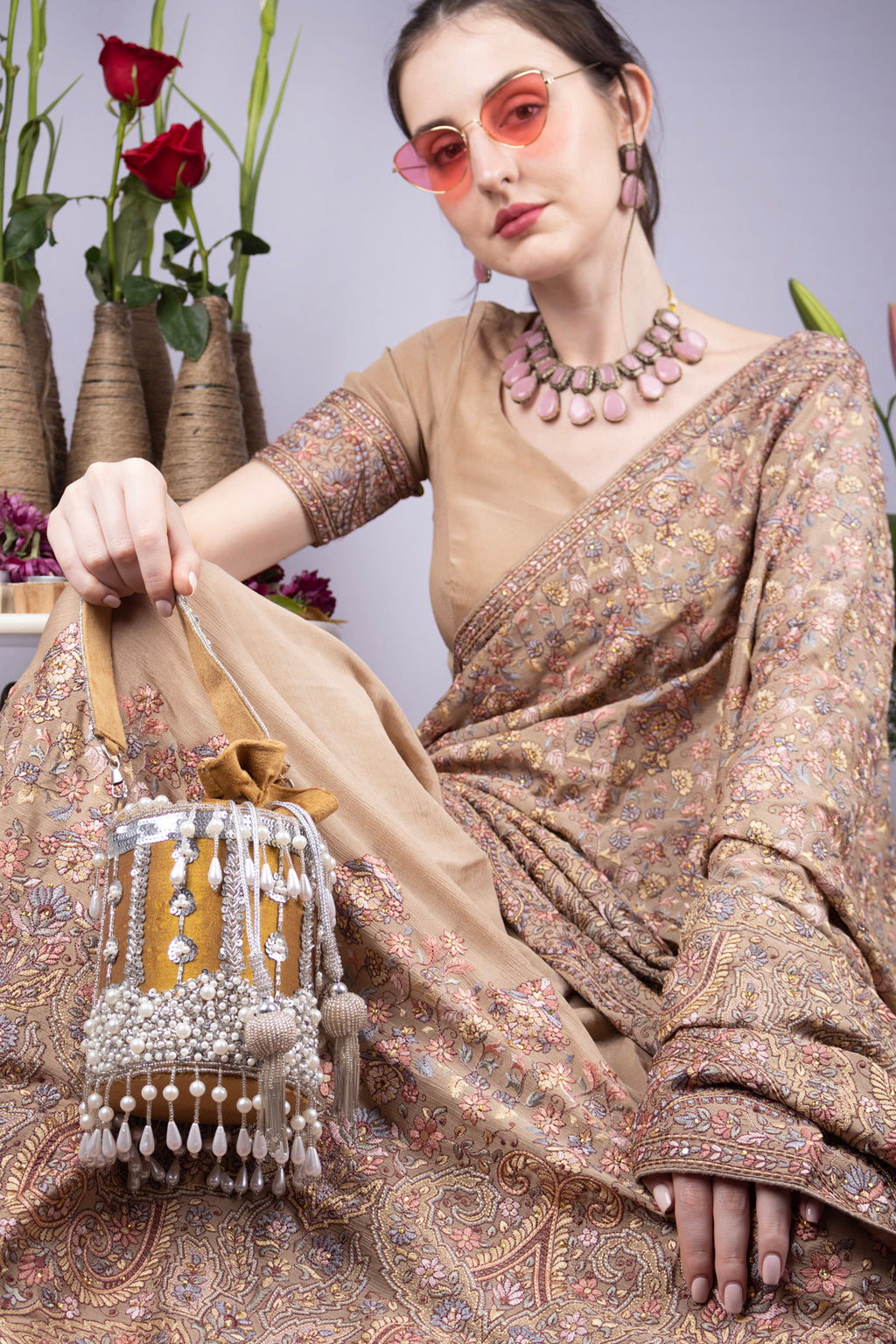 Mustard Raw Silk Cutdana & Pearl Embellished Potli Bag