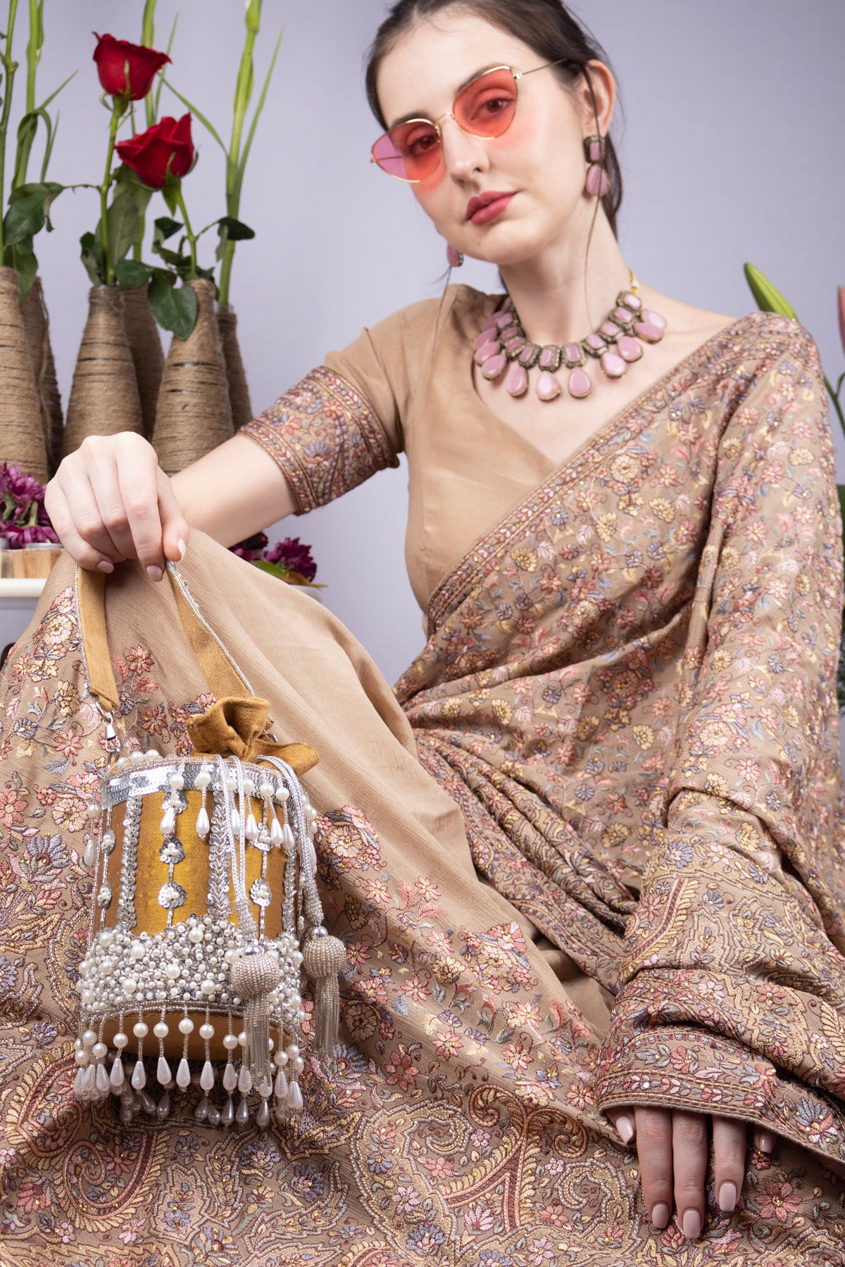 Mustard Raw Silk Cutdana & Pearl Embellished Potli Bag
