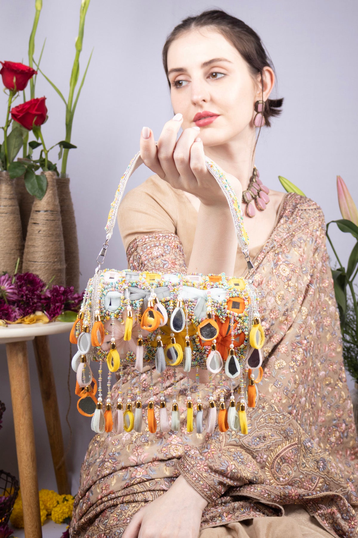 Eeth Gold Base Multicolour Mirror Work Sequin Detailing Clutch Bag