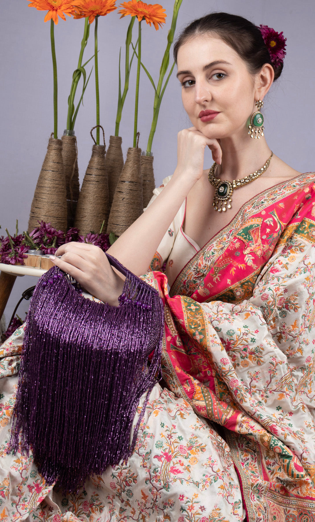 Eeth Handcrafted Purple Cut Dana Long Tassel Clutch Bag