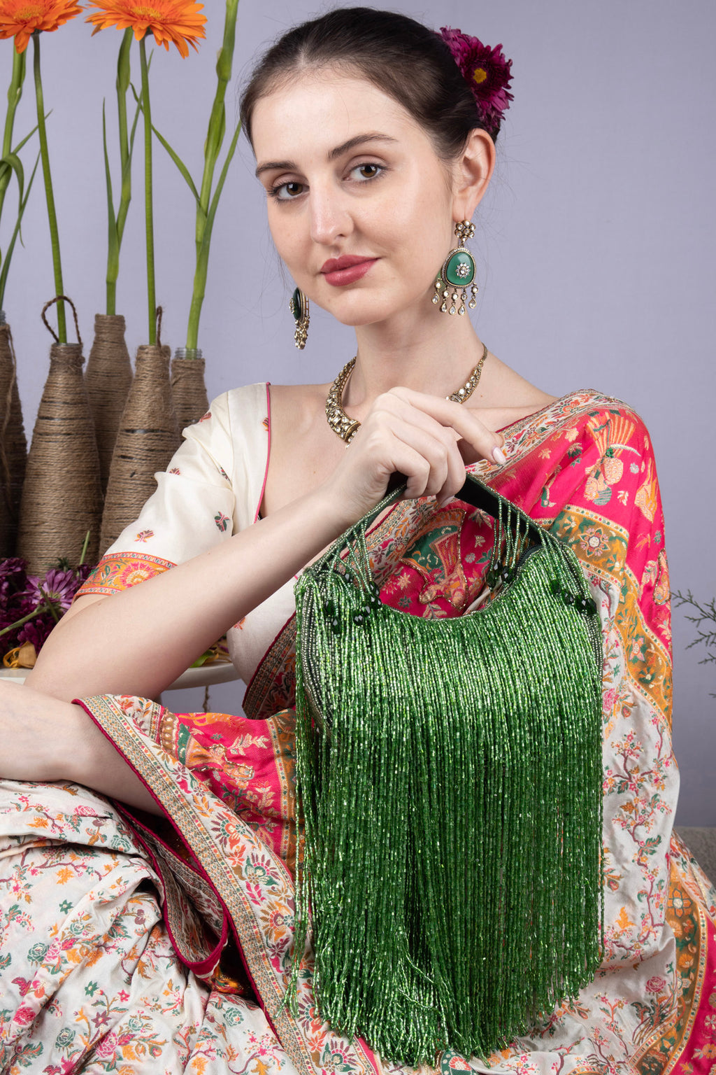 Eeth Handcrafted Green Cut Dana Long Tassel Clutch Bag