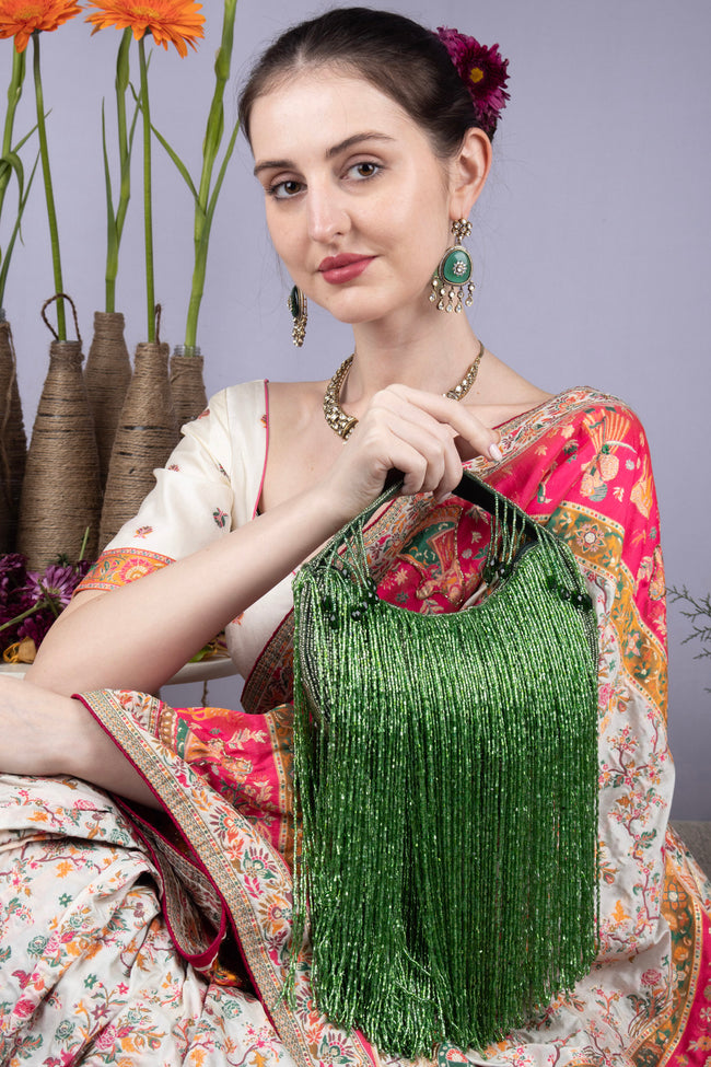 Eeth Handcrafted Green Cut Dana Long Tassel Clutch Bag Hover Image