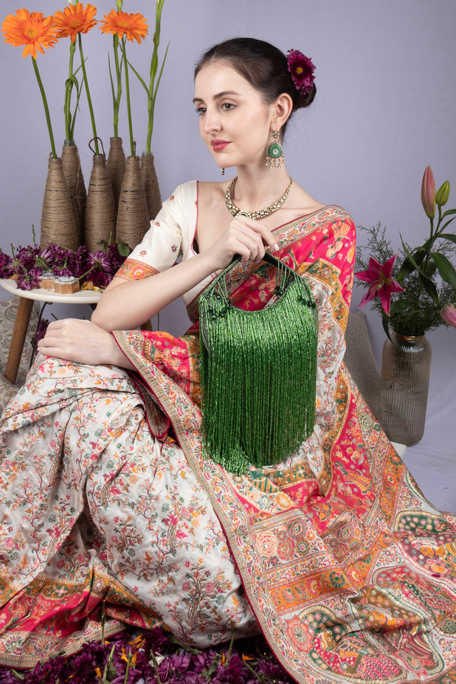 Eeth Handcrafted Green Cut Dana Long Tassel Clutch Bag Main Image