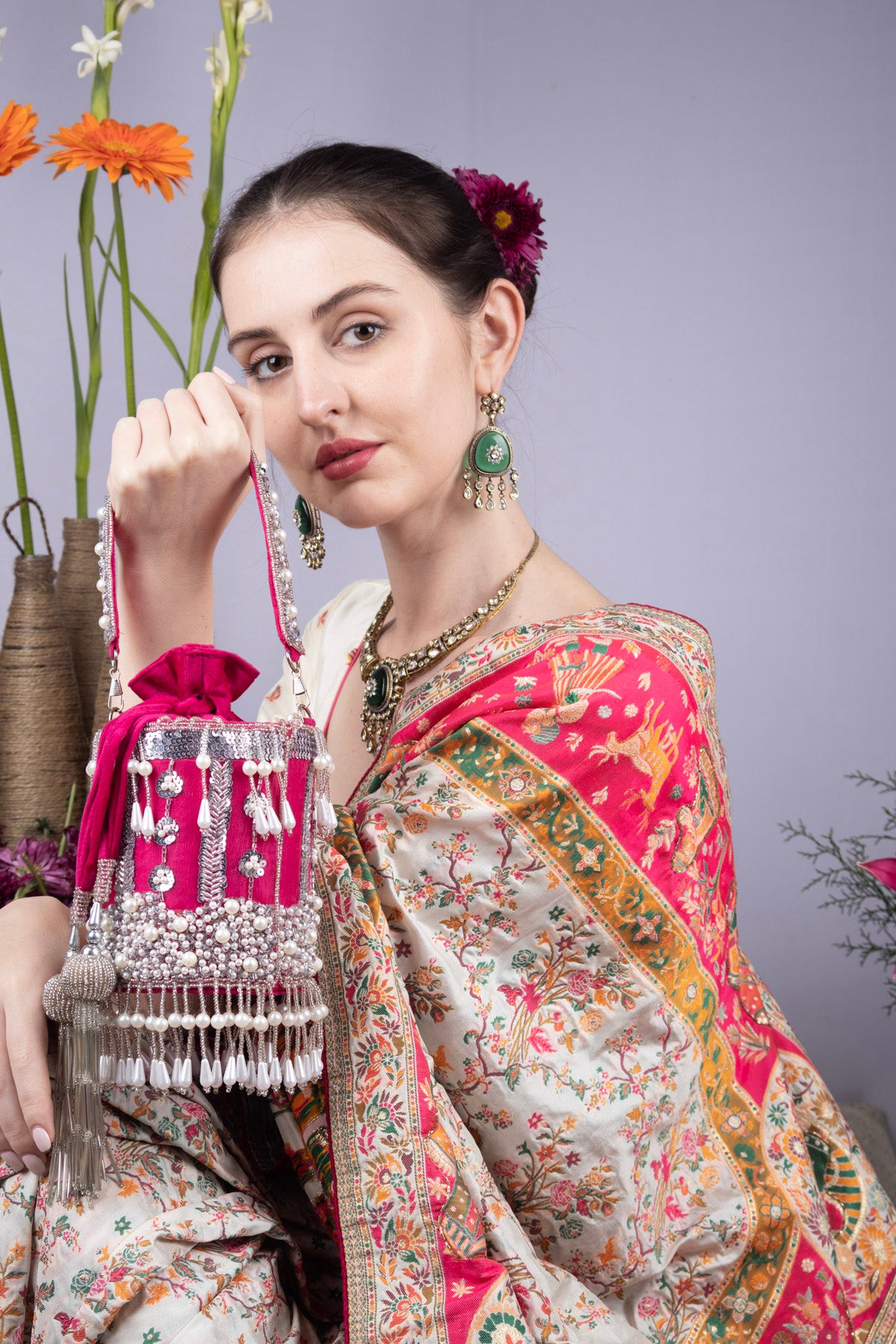 Rani Pink Net Cutdana & Pearl Embellished Potli Bag
