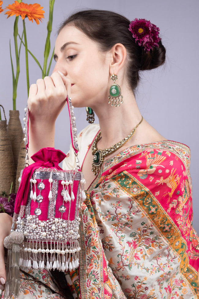 Rani Pink Net Cutdana & Pearl Embellished Potli Bag Main Image