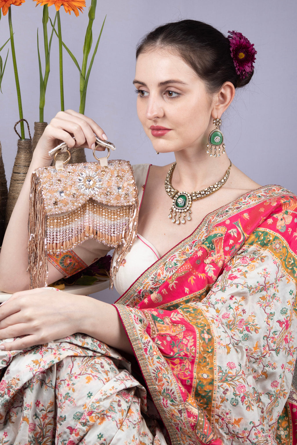 Beige Hand Embellished Clutch Bag with Crystal Work