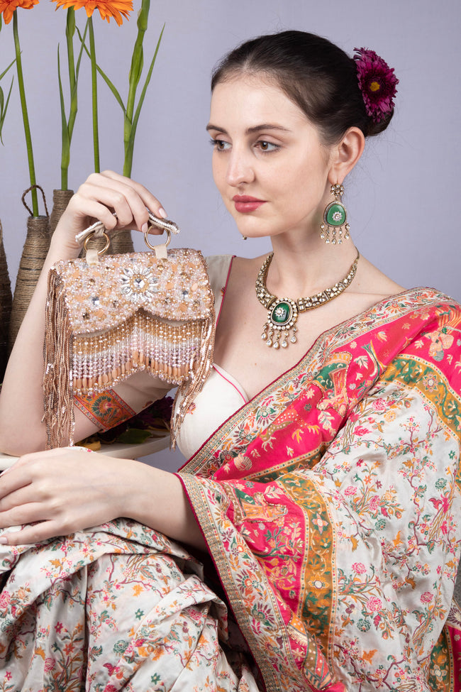 Beige Hand Embellished Clutch Bag with Crystal Work Main Image