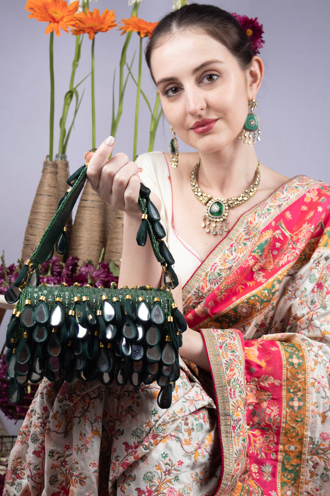 Emerald mirror work cut dana and sequin embellished handcrafted statement bag for wedding and festive wear Hover Image